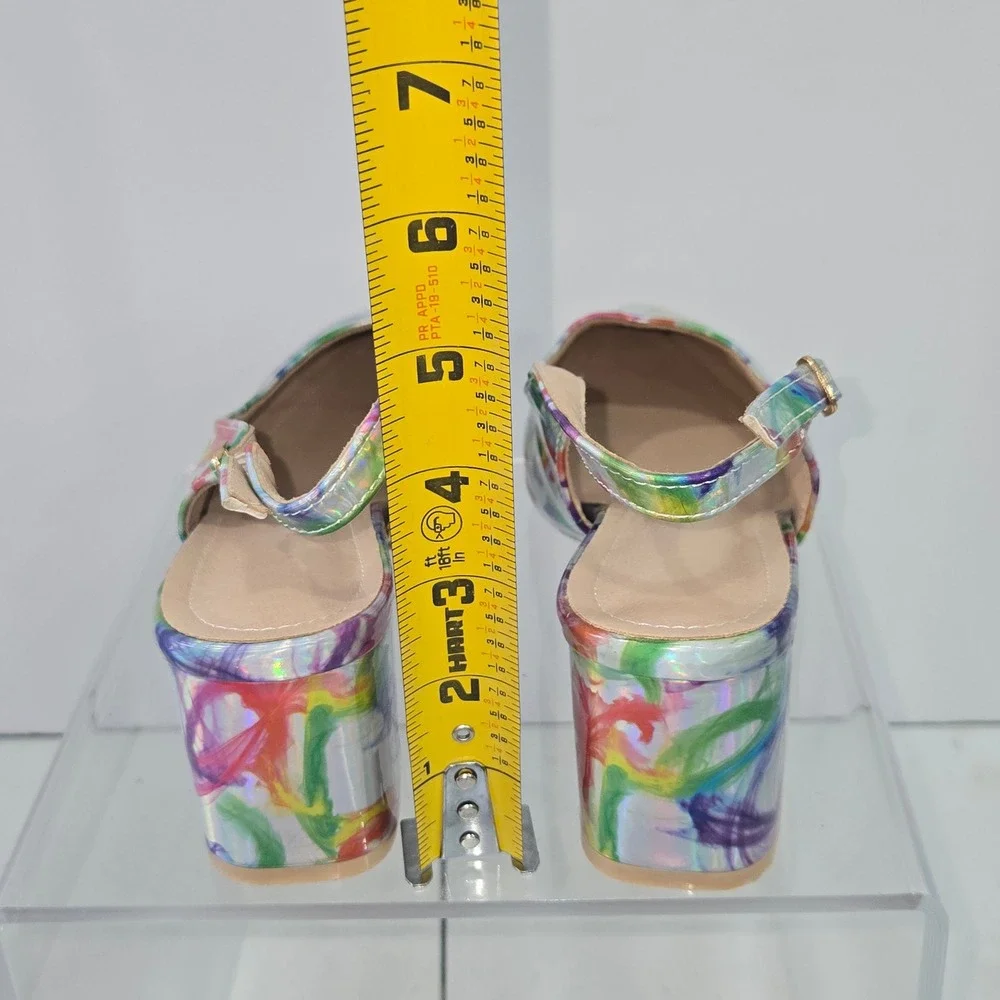 Multicolor Abstract Print Slingback Pumps Pointed Toe Block Heel Shoes Size 42